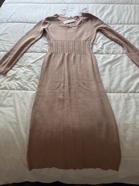 Ribbed Waist Long Sleeve Midi Dress in Blush